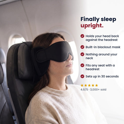 SeatDream travel sleep mask holding a sleeping traveller's head back against the airplane headrest